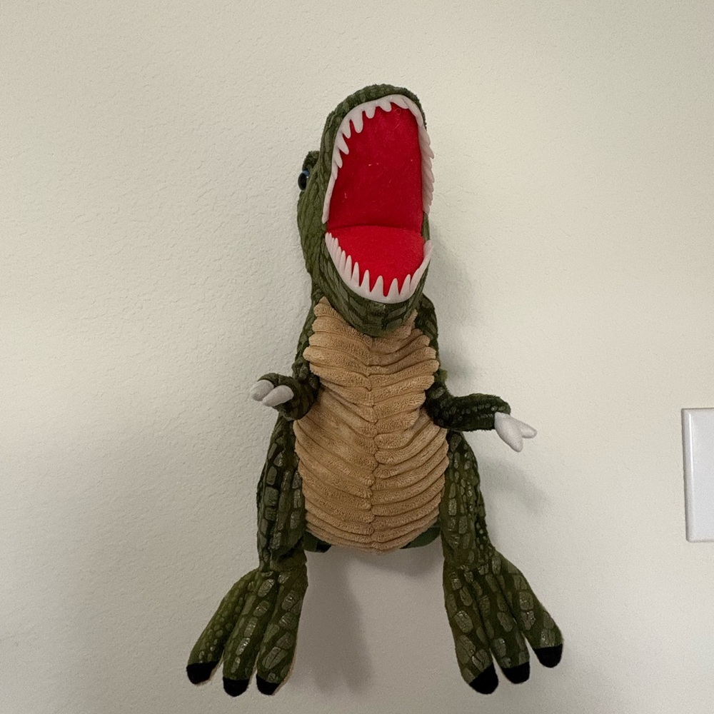 Hobby Lobby green plush T-Rex kids backpack rubber teeth. Preowned.